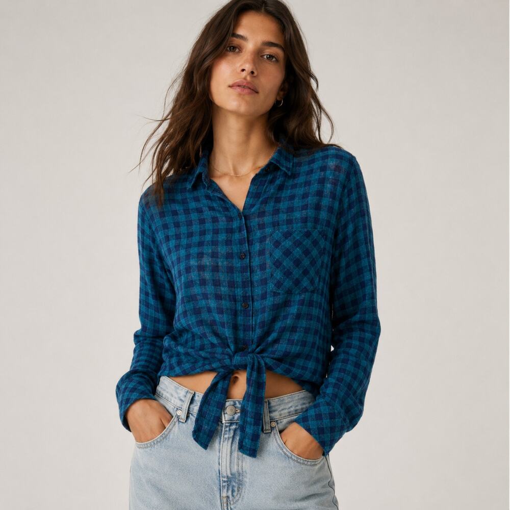 Rails tie Waist crop Button up Shirt indigo check size XS